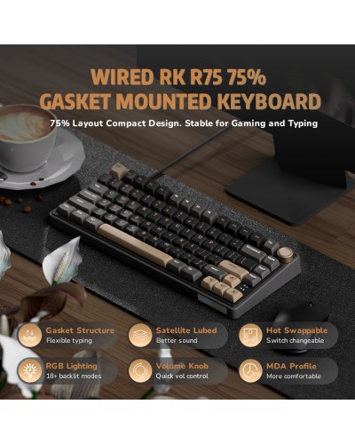 კლავიატურა - Royal Kludge RK R75 -  RGB / მექანიკური / Brown switch / Type-C wired / Phantom