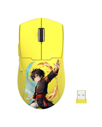 მაუსი - Redragon M918-AKB-PRO K1NG Max / 2.4GHz Wireless / Bluetooth / USB-C (სადენით) / 26000 DPI / ყვითელი / 49 გრამი
