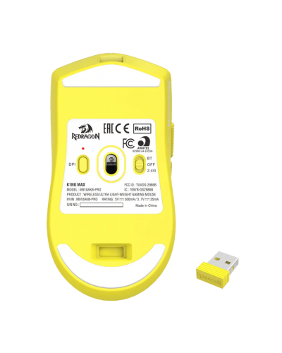 მაუსი - Redragon M918-AKB-PRO K1NG Max / 2.4GHz Wireless / Bluetooth / USB-C (სადენით) / 26000 DPI / ყვითელი / 49 გრამი