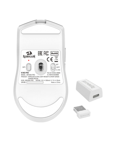 მაუსი – Redragon M916AK-PRO K1NG Pro / 2.4GHz Wireless / Bluetooth / USB-C / 26000 DPI / თეთრი / 42 გრამი