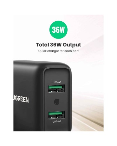 დამტენი - UGREEN CD161 (10216) / USB / Fast Charger / 36W / შავი