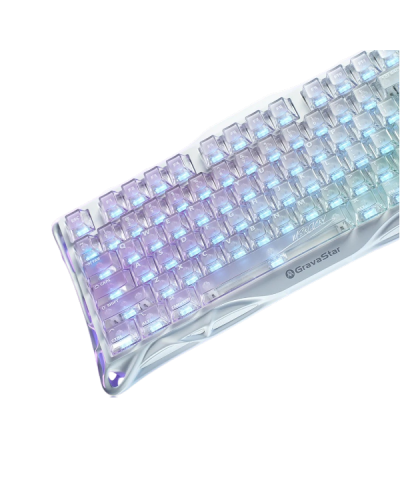 კლავიატურა - GravaStar Mercury K1 Lite Crystal Aurora / დატენვადი / მექანიკური / 2.4GHz Wireless / Bluetooth / სადენით Type-C / RGB / გამჭვირვალე / 75%