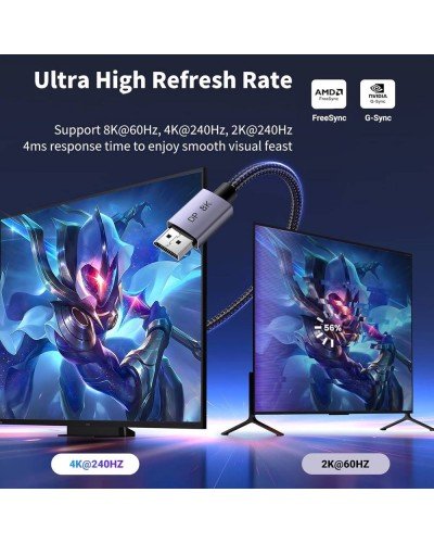 DisplayPort to DisplayPort ვიდეო კაბელი - UGREEN DP120 (25906) / 8K 60Hz / 4K 240Hz / DP 1.4 / 3 მეტრი / ნაცრისფერი-შავი