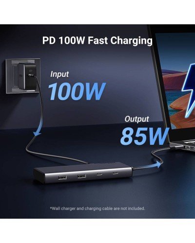 USB-C ჰაბი - UGREEN CM639 (35625) / 8-პორტიანი / 2x HDMI + DisplayPort / 2x USB-C + 2x USB-A / PD 100W / ნაცრისფერი