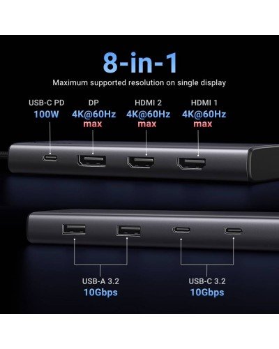 USB-C ჰაბი - UGREEN CM639 (35625) / 8-პორტიანი / 2x HDMI + DisplayPort / 2x USB-C + 2x USB-A / PD 100W / ნაცრისფერი