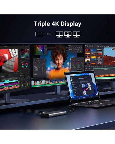 USB-C ჰაბი - UGREEN CM639 (35625) / 8-პორტიანი / 2x HDMI + DisplayPort / 2x USB-C + 2x USB-A / PD 100W / ნაცრისფერი
