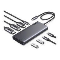USB-C ჰაბი - UGREEN CM639 (35625) / 8-პორტიანი / 2x HDMI + DisplayPort / 2x USB-C + 2x USB-A / PD 100W / ნაცრისფერი