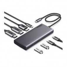 USB-C ჰაბი - UGREEN CM639 (35625) / 8-პორტიანი / 2x HDMI + DisplayPort / 2x USB-C + 2x USB-A / PD 100W / ნაცრისფერი
