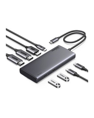 USB-C ჰაბი - UGREEN CM639 (35625) / 8-პორტიანი / 2x HDMI + DisplayPort / 2x USB-C + 2x USB-A / PD 100W / ნაცრისფერი