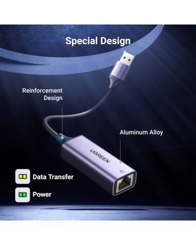 USB to Lan მიმღები - UGREEN CM209 (50922) / USB 3.0 / RJ45 Gigabit Ethernet / 15 სმ / ნაცრისფერი