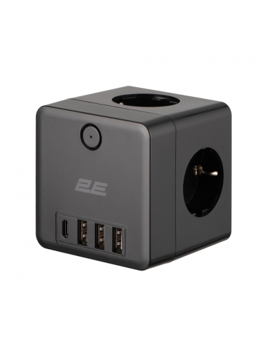 დენის ადაპტერი - 2E 2E-AD431BK / 3x Type F / 3x USB-A + 1x USB-C / 16A / 3680W / Surge Protection / შავი