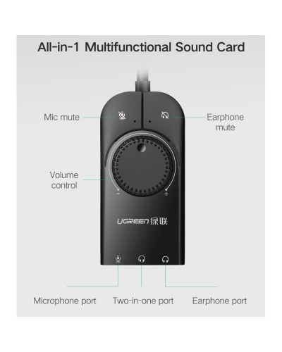 USB ხმის ბარათი - UGREEN CM129 (40964) / USB 2.0 / External Stereo Sound Card / 3.5mm / Volume Control / 15 სმ / შავი