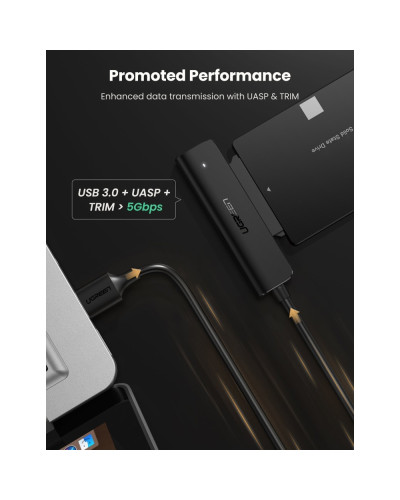 USB-A to SATA III ადაპტერი - UGREEN CM321 (70609) / USB 3.0 / 5Gbps / 2.5" SATA SSD/HDD / 50 სმ / შავი