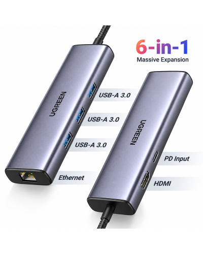 USB-C ჰაბი - UGREEN CM512 (15598) / Type-C / HDMI 4K@30Hz / USB 3.0 / LAN / PD 100W / ნაცრისფერი