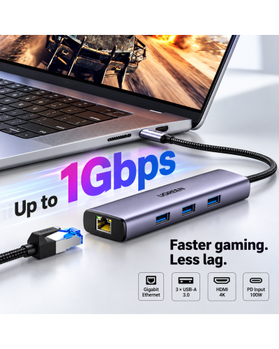 USB-C ჰაბი - UGREEN CM512 (15598) / Type-C / HDMI 4K@30Hz / USB 3.0 / LAN / PD 100W / ნაცრისფერი