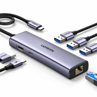 USB-C ჰაბი - UGREEN CM512 (15598) / Type-C / HDMI 4K@30Hz / USB 3.0 / LAN / PD 100W / ნაცრისფერი