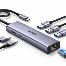USB-C ჰაბი - UGREEN CM512 (15598) / Type-C / HDMI 4K@30Hz / USB 3.0 / LAN / PD 100W / ნაცრისფერი