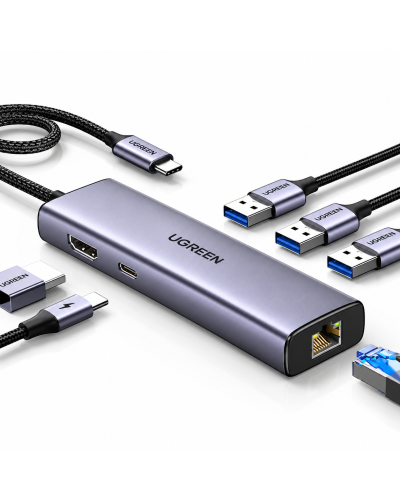 USB-C ჰაბი - UGREEN CM512 (15598) / Type-C / HDMI 4K@30Hz / USB 3.0 / LAN / PD 100W / ნაცრისფერი