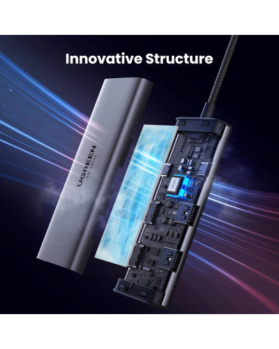 USB-C ჰაბი - UGREEN CM498 (15852) Revodok 206 / 2× HDMI / 8K@30Hz / 4K@60Hz / 2× USB 3.0 / USB-C / PD 100W / ნაცრისფერი