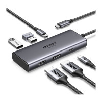 USB-C ჰაბი - UGREEN CM498 (15852) Revodok 206 / 2× HDMI / 8K@30Hz / 4K@60Hz / 2× USB 3.0 / USB-C / PD 100W / ნაცრისფერი