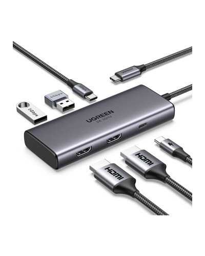 USB-C ჰაბი - UGREEN CM498 (15852) Revodok 206 / 2× HDMI / 8K@30Hz / 4K@60Hz / 2× USB 3.0 / USB-C / PD 100W / ნაცრისფერი