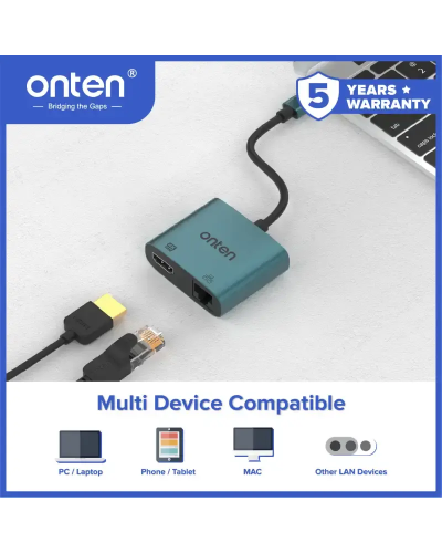 USB-C to HDMI + RJ45 ადაპტერი - ONTEN OTN-UC288 / 4K@60Hz / Ethernet 100Mbps / შავი