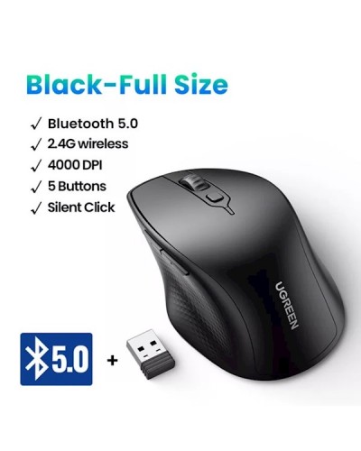 მაუსი UGREEN MU101 (90395), Ergonomic Wireless 2.4G Mouse, Bluetooth, 4000DPI, Silence Design, Black