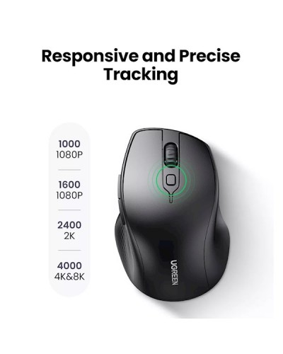 მაუსი UGREEN MU101 (90395), Ergonomic Wireless 2.4G Mouse, Bluetooth, 4000DPI, Silence Design, Black