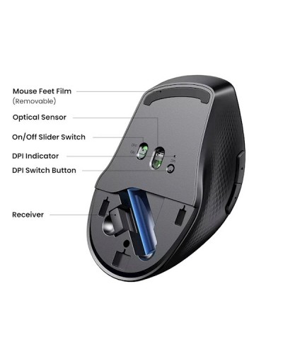 მაუსი UGREEN MU101 (90395), Ergonomic Wireless 2.4G Mouse, Bluetooth, 4000DPI, Silence Design, Black