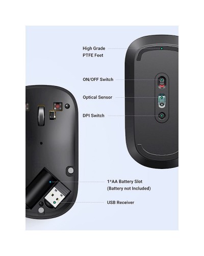 მაუსი UGREEN MU001 (90372) Wireless 2.4G Slim Silent Mouse, 4000DP, Light Black