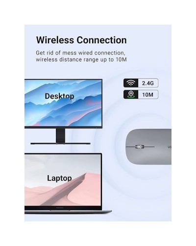 მაუსი Ugreen MU001 (90373), Wireless, 4000DPI, USB, Mouse, Light Gray