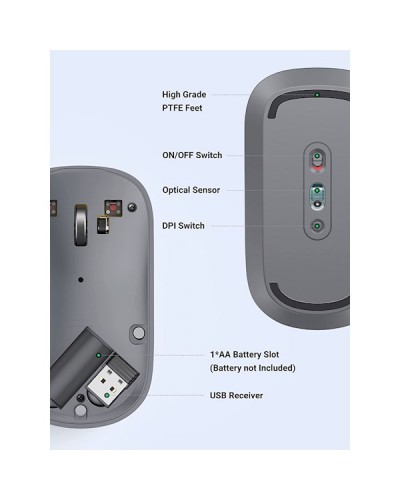 მაუსი Ugreen MU001 (90373), Wireless, 4000DPI, USB, Mouse, Light Gray